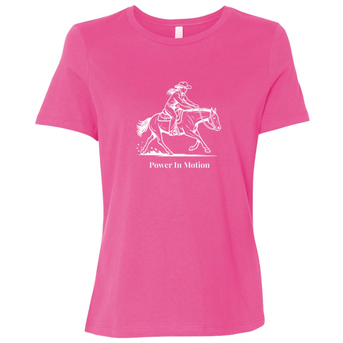 Female reining rider and horse graphic with text Power In Motion Ladies Tee Short Sleeve