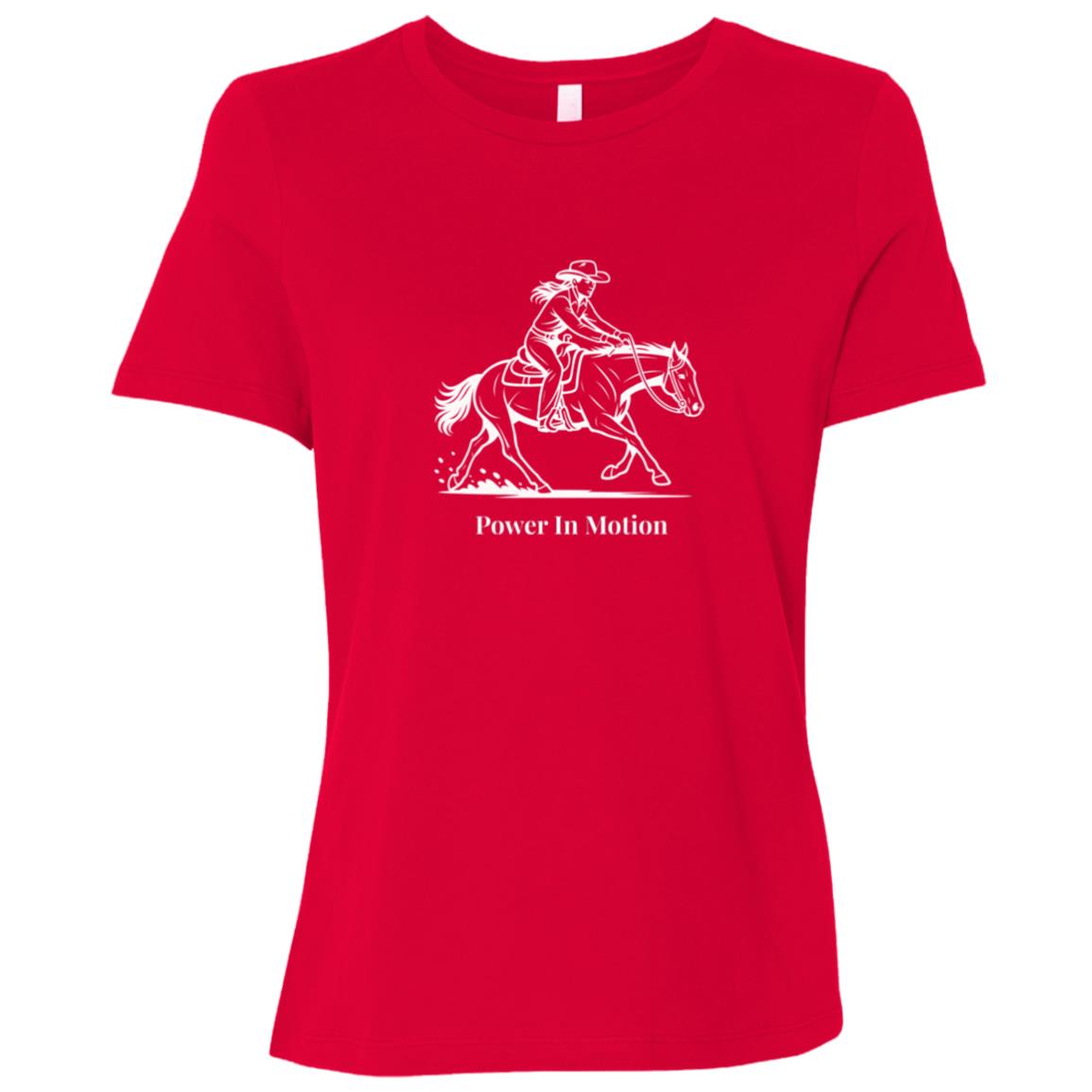 Female reining rider and horse graphic with text Power In Motion Ladies Tee Short Sleeve