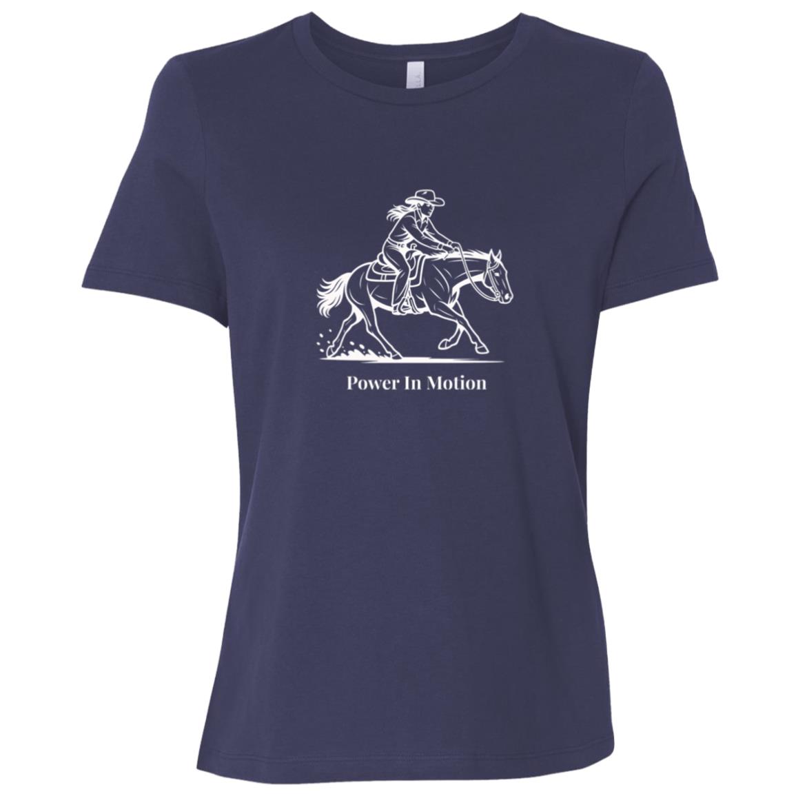 Female reining rider and horse graphic with text Power In Motion Ladies Tee Short Sleeve