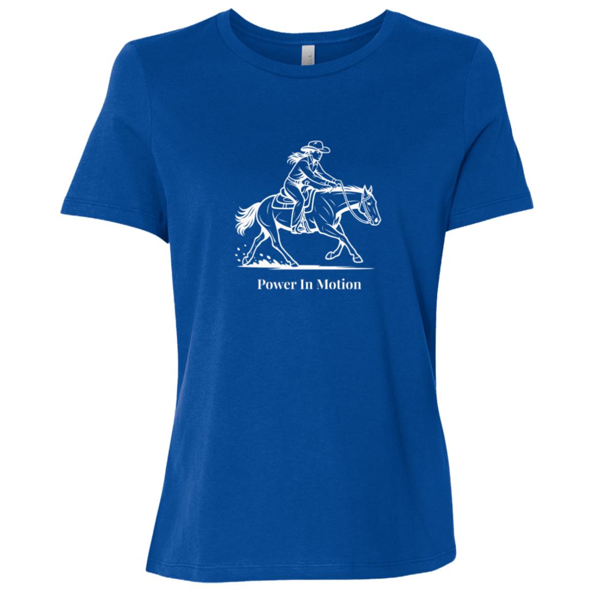 Female reining rider and horse graphic with text Power In Motion Ladies Tee Short Sleeve