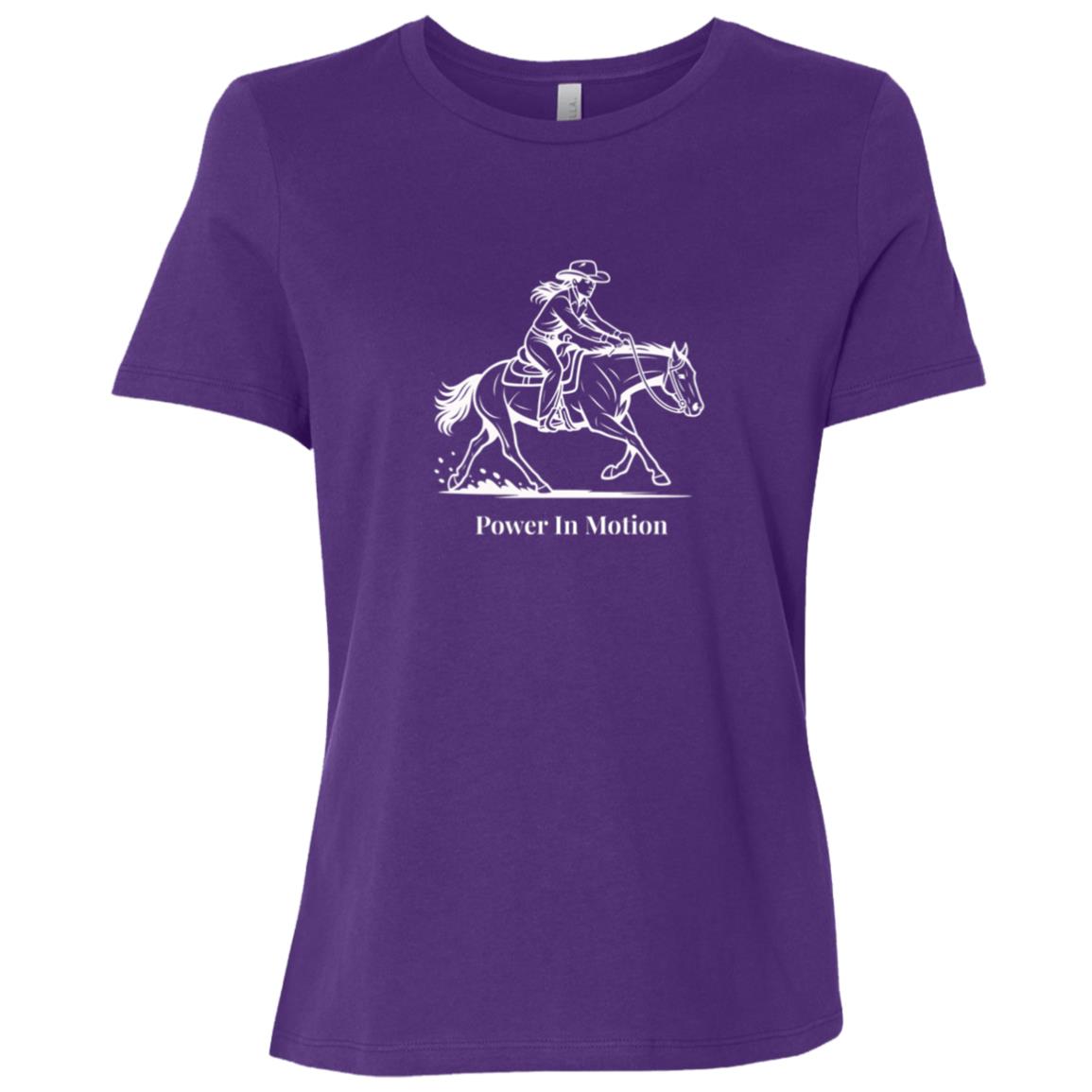 Female reining rider and horse graphic with text Power In Motion Ladies Tee Short Sleeve