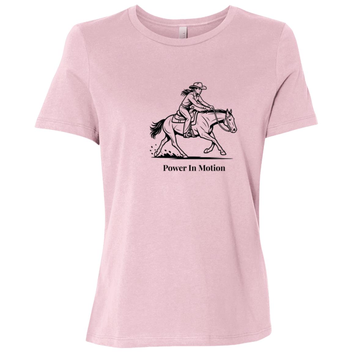Female reining rider and horse graphic with text Power In Motion Ladies Tee Short Sleeve