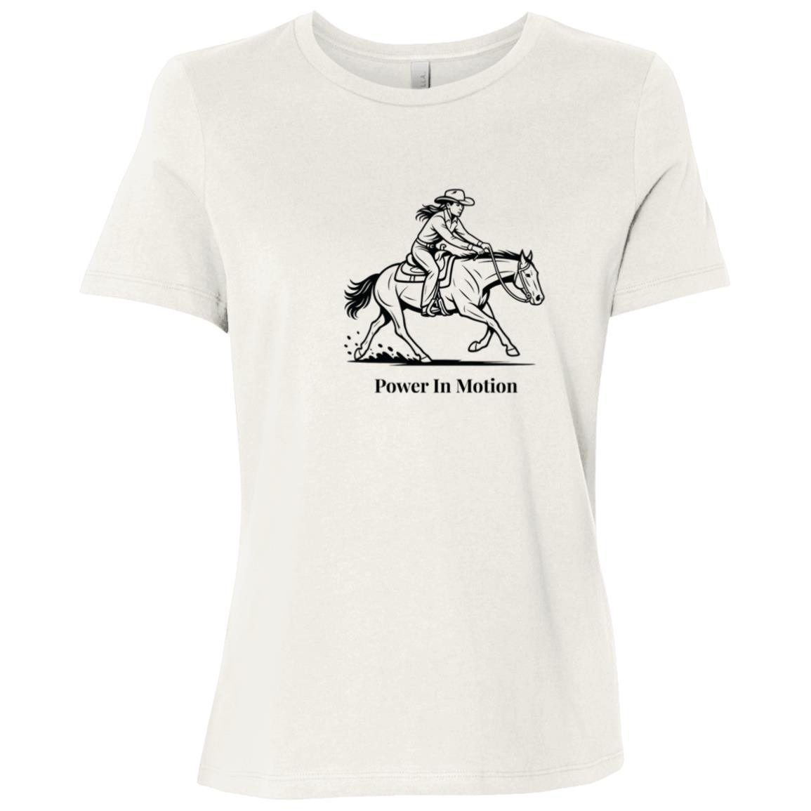 Female reining rider and horse graphic with text Power In Motion Ladies Tee Short Sleeve