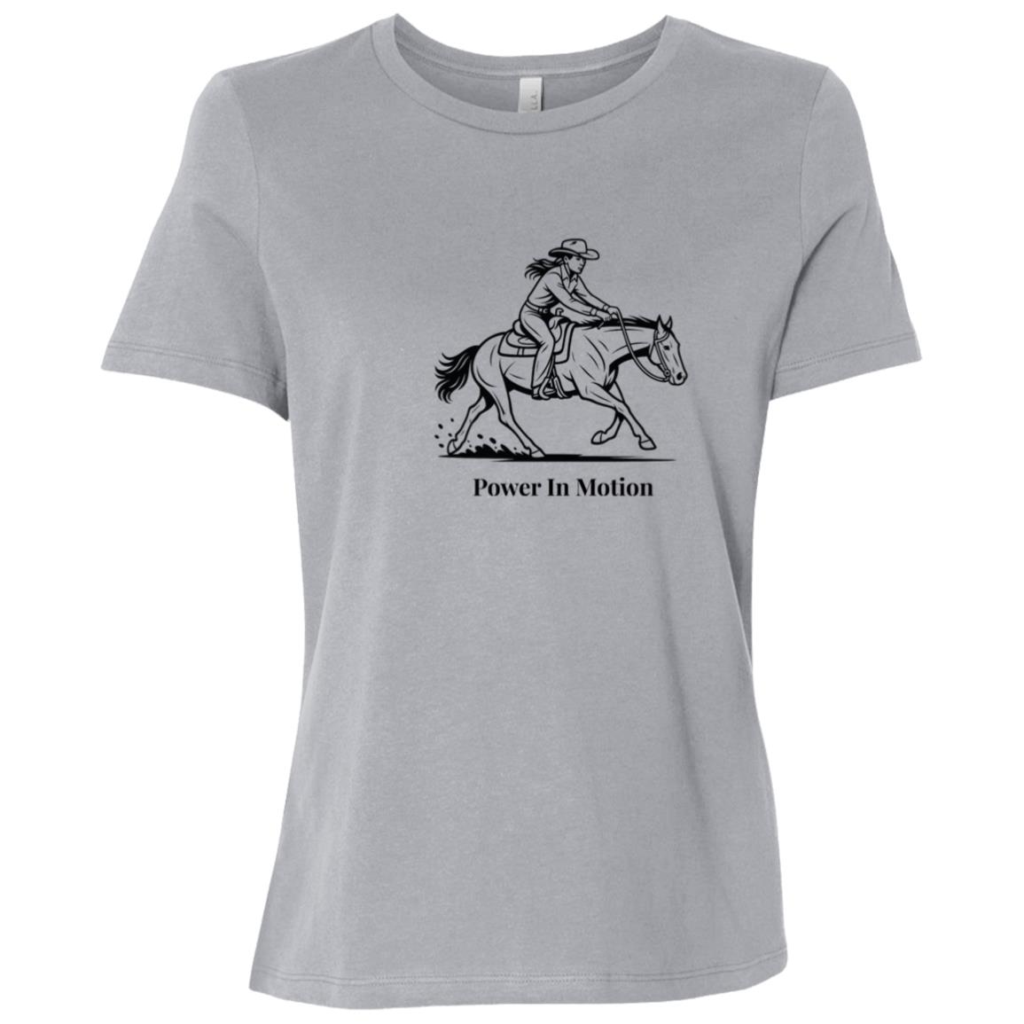 Female reining rider and horse graphic with text Power In Motion Ladies Tee Short Sleeve