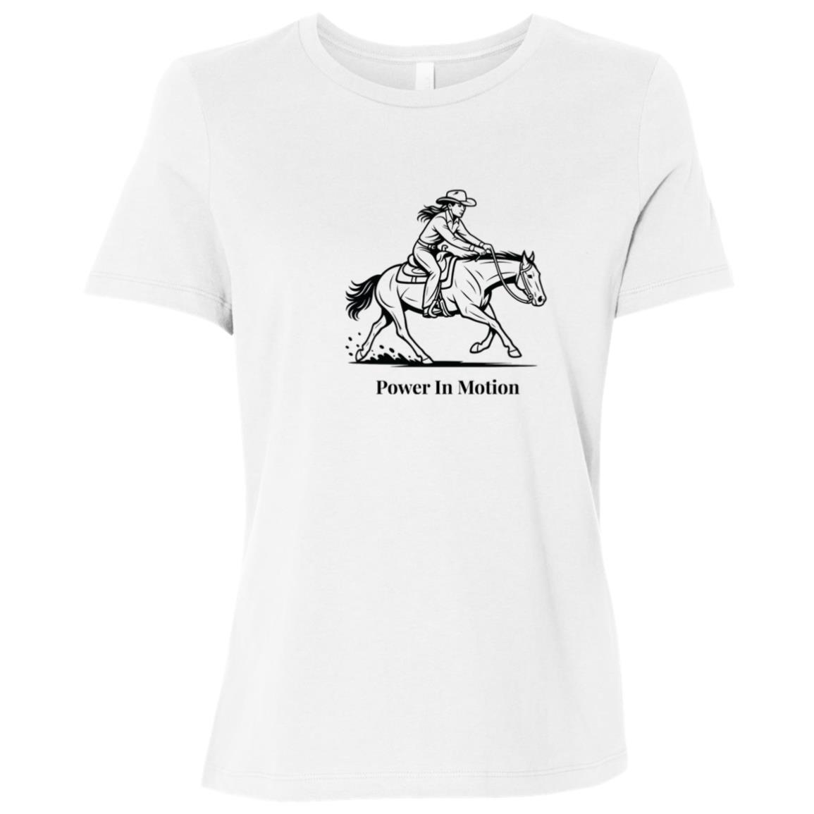 Female reining rider and horse graphic with text Power In Motion Ladies Tee Short Sleeve