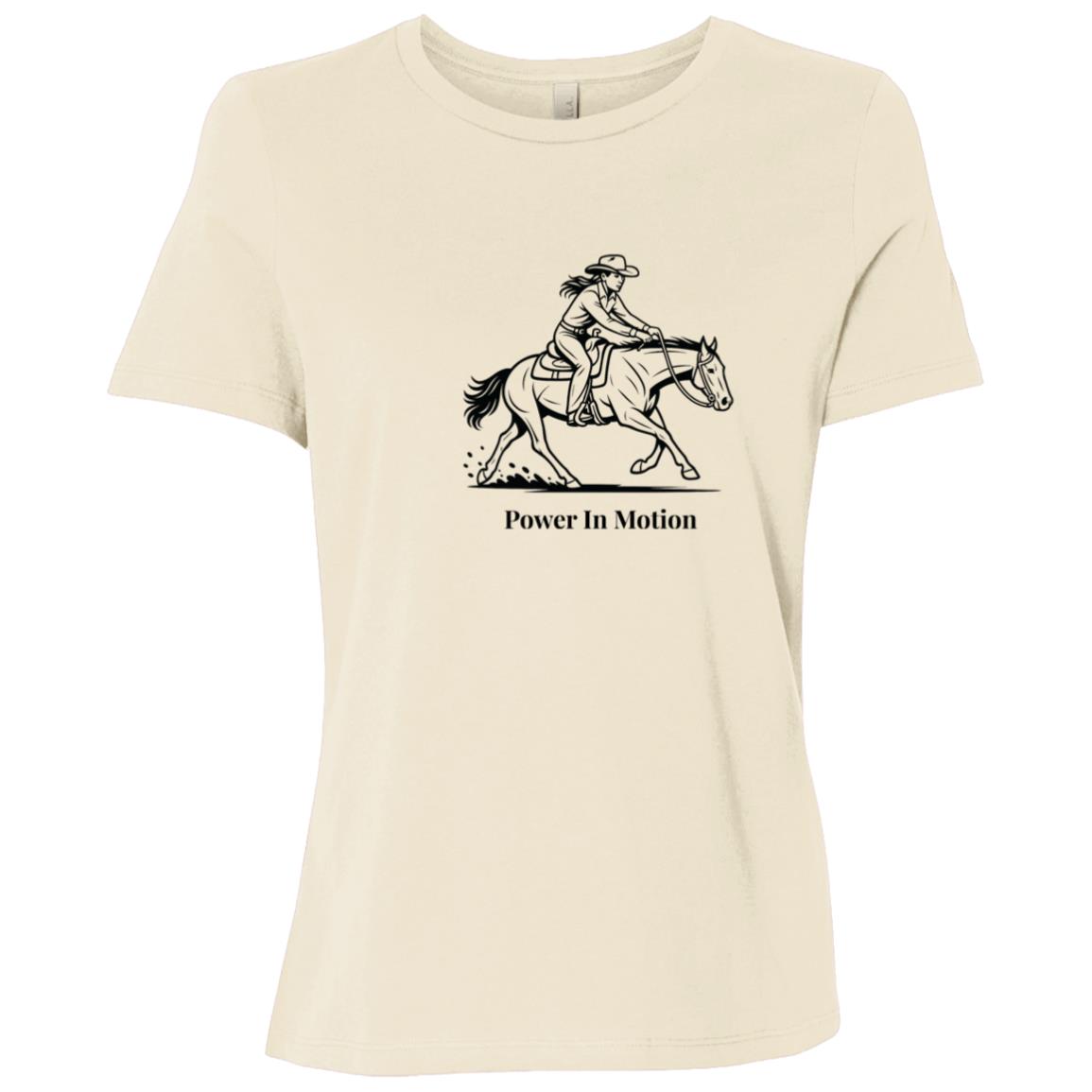 Female reining rider and horse graphic with text Power In Motion Ladies Tee Short Sleeve