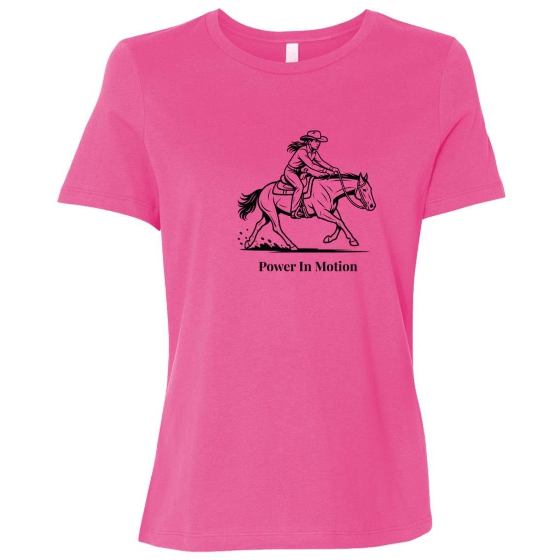 Female reining rider and horse graphic with text Power In Motion Ladies Tee Short Sleeve