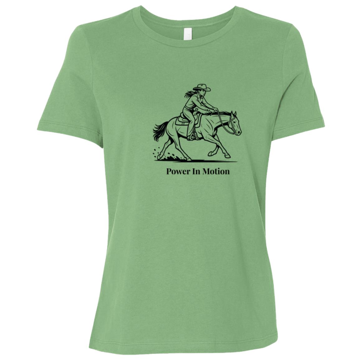 Female reining rider and horse graphic with text Power In Motion Ladies Tee Short Sleeve