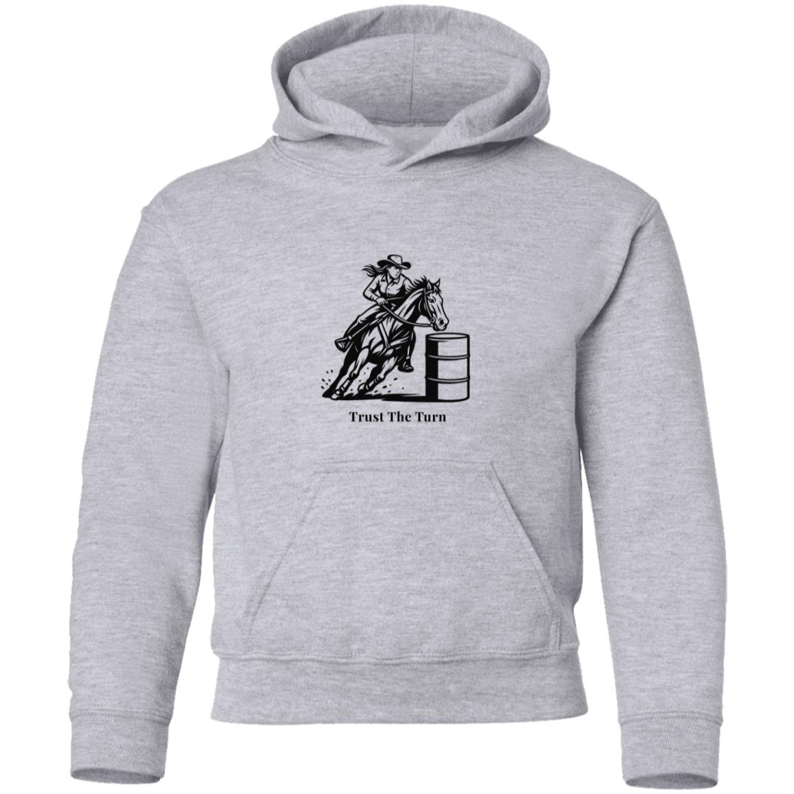 Trust The Turn Female Barrel Racer Graphic Black G185B Gildan Youth Pullover Hoodie