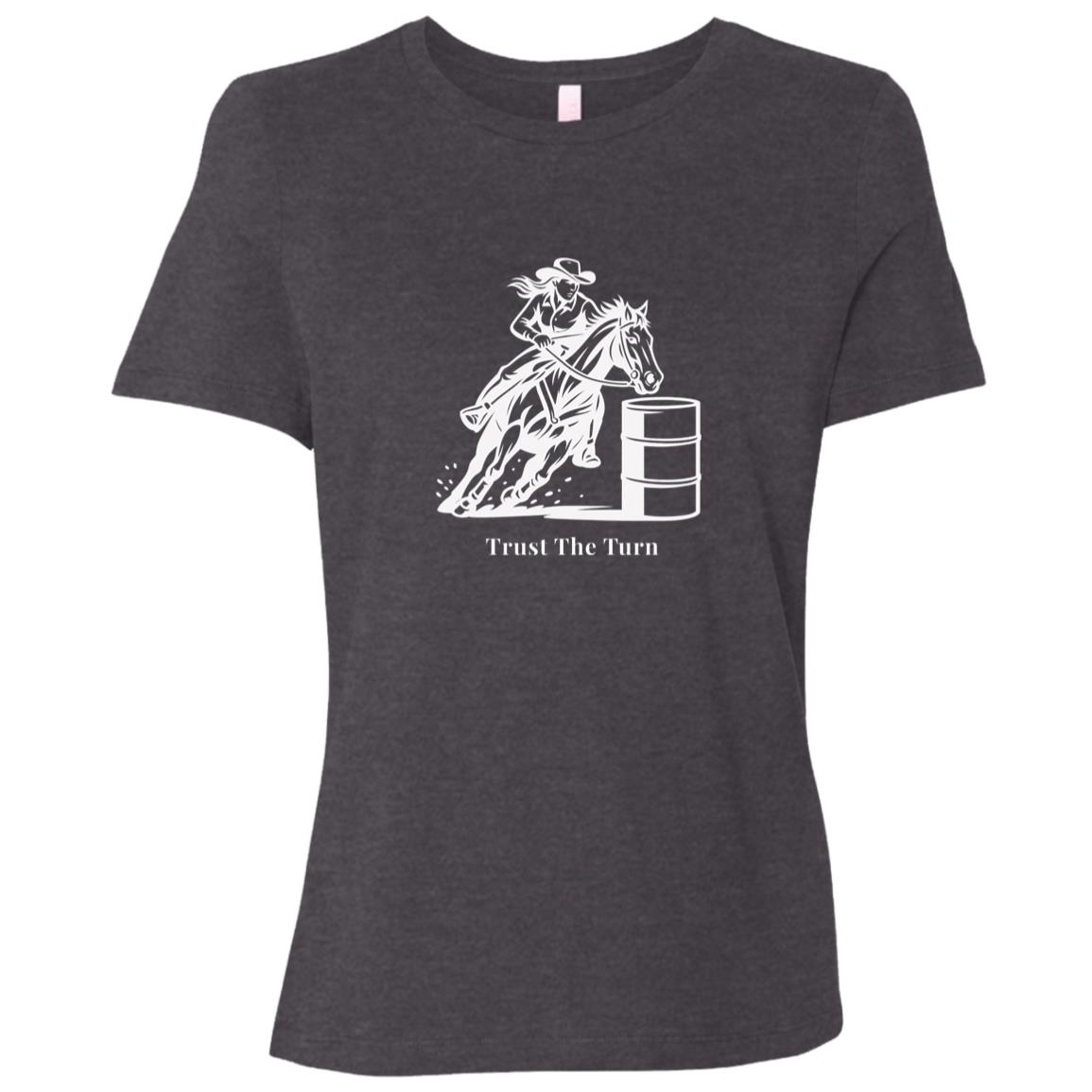Trust The Turn Female Barrel Racer Graphic White B6400 Bella + Canvas Ladies Relaxed Jersey Short-Sleeve T-Shirt