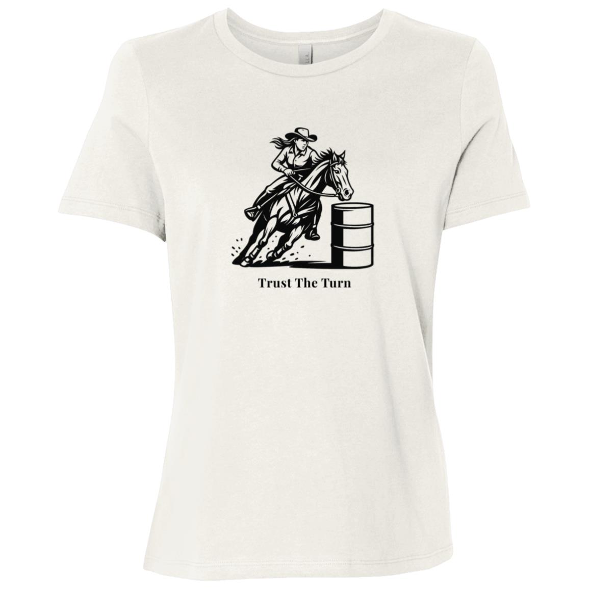 Trust The Turn Female Barrel Racer Graphic Black B6400 Bella + Canvas Ladies Relaxed Jersey Short-Sleeve T-Shirt