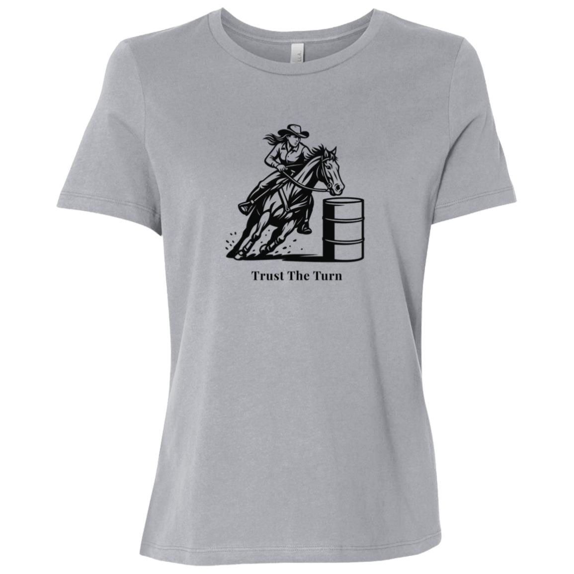 Trust The Turn Female Barrel Racer Graphic Black B6400 Bella + Canvas Ladies Relaxed Jersey Short-Sleeve T-Shirt