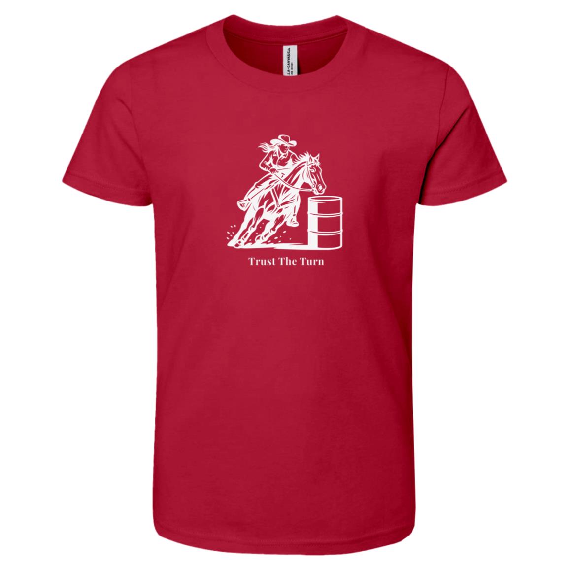 Trust The Turn Female Barrel Racer Graphic White 3001Y Bella + Canvas Kids Short-Sleeve T-Shirt