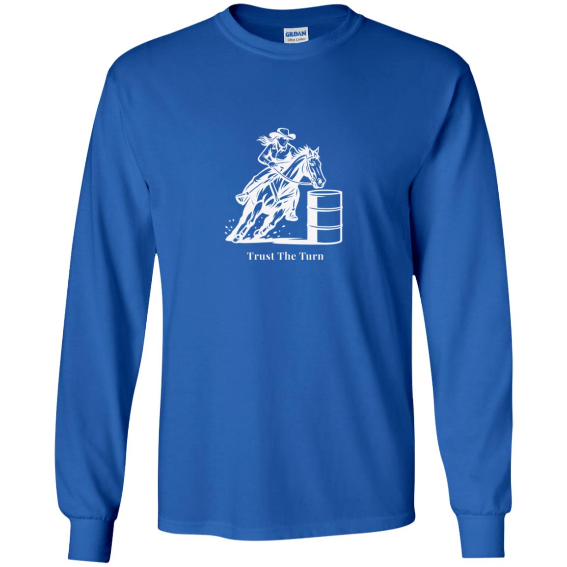 Trust The Turn Female Barrel Racer Graphic White G540B Youth LS T-Shirt